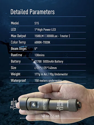 1500 Lumens Divepro S15 Rechargeable Dive Torch